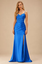 Rutipo Ocean Blue Mermaid Cowl V Neck Beaded Corset Prom Dress with Spaghetti Straps Slit