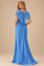Rutipo Ocean Blue Mermaid Cowl V Neck Beaded Corset Prom Dress with Spaghetti Straps Slit
