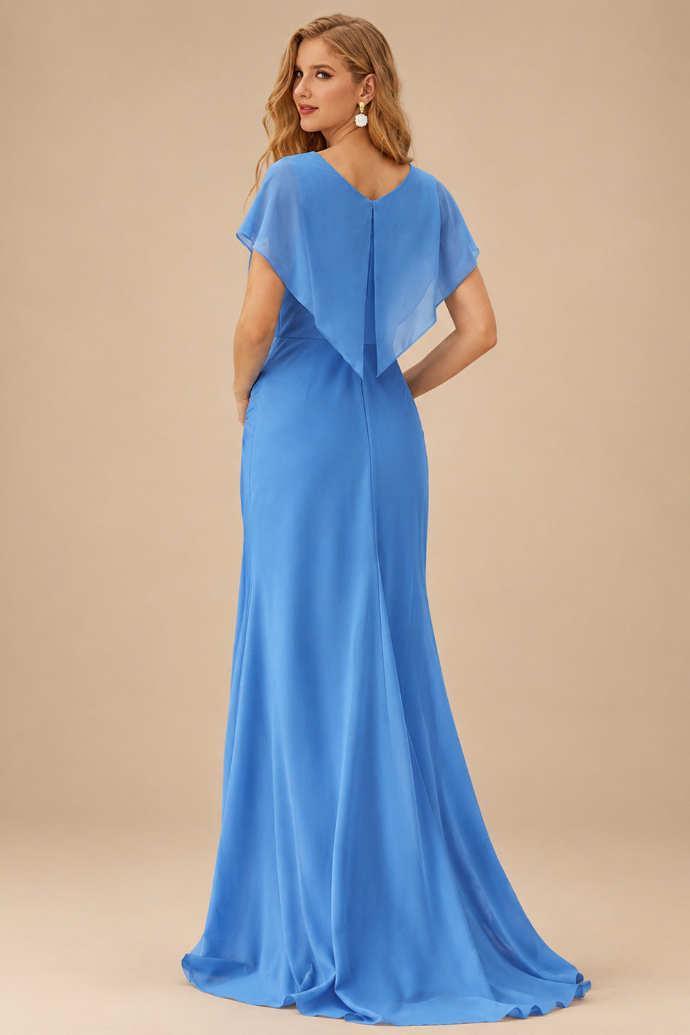 Rutipo Ocean Blue Mermaid Cowl V Neck Beaded Corset Prom Dress with Spaghetti Straps Slit