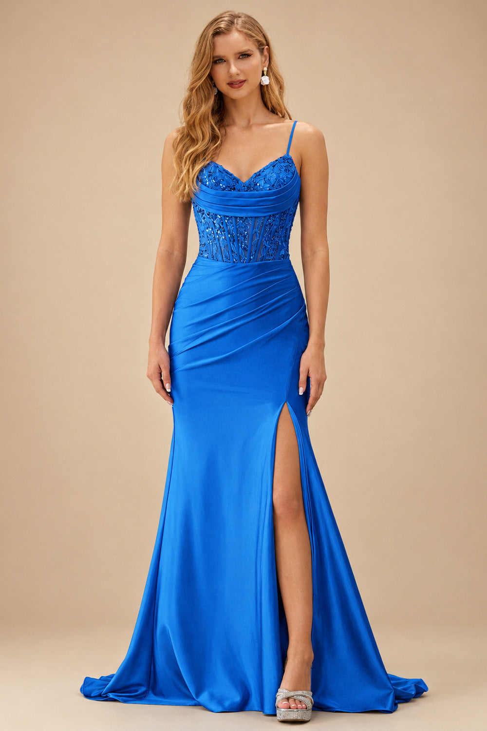 Rutipo Ocean Blue Mermaid Cowl V Neck Beaded Corset Prom Dress with Spaghetti Straps Slit