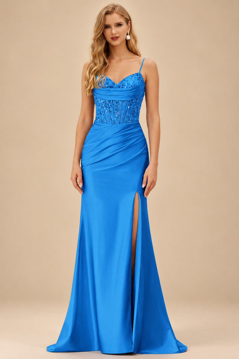 Rutipo Ocean Blue Mermaid Cowl V Neck Beaded Corset Prom Dress with Spaghetti Straps Slit