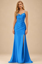 Rutipo Ocean Blue Mermaid Cowl V Neck Beaded Corset Prom Dress with Spaghetti Straps Slit