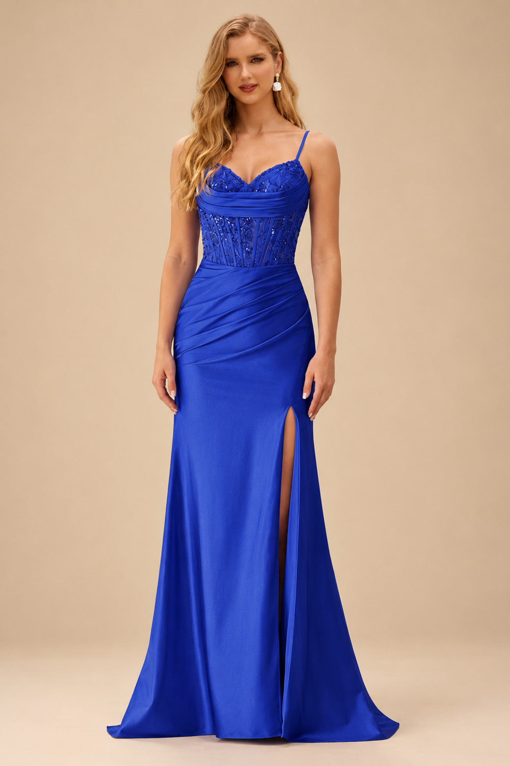 Rutipo Royal Blue Mermaid Cowl V Neck Beaded Corset Prom Dress with Spaghetti Straps Slit