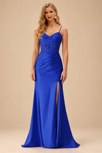 Rutipo Royal Blue Mermaid Cowl V Neck Beaded Corset Prom Dress with Spaghetti Straps Slit