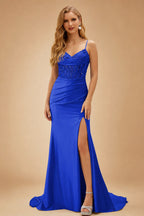 Rutipo Royal Blue Mermaid Cowl V Neck Beaded Corset Prom Dress with Spaghetti Straps Slit