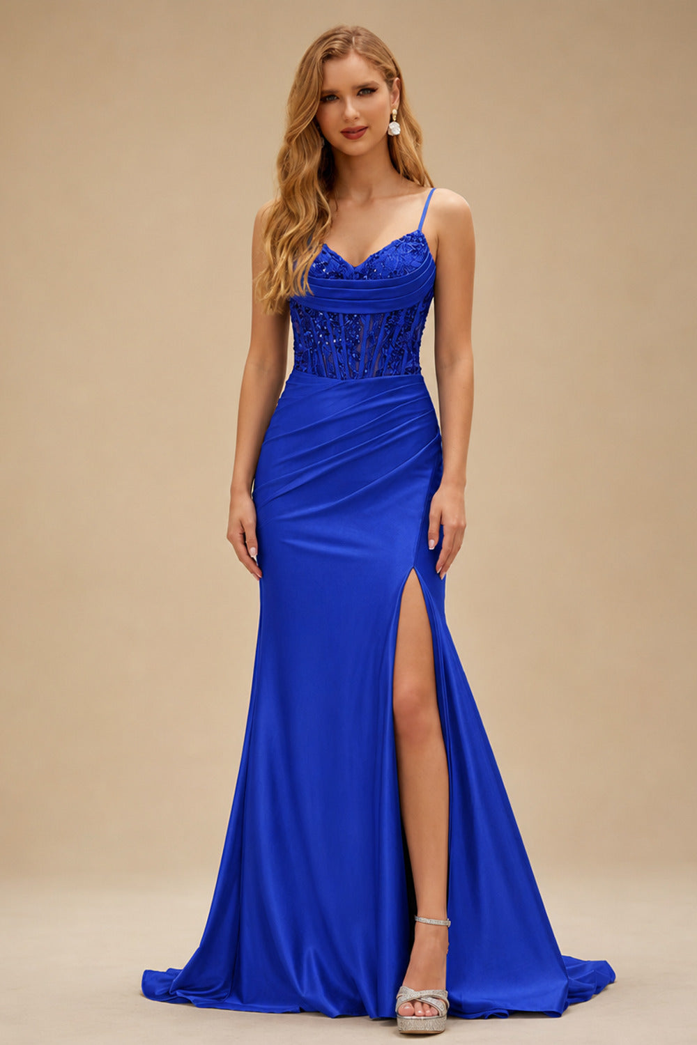 Rutipo Royal Blue Mermaid Cowl V Neck Beaded Corset Prom Dress with Spaghetti Straps Slit
