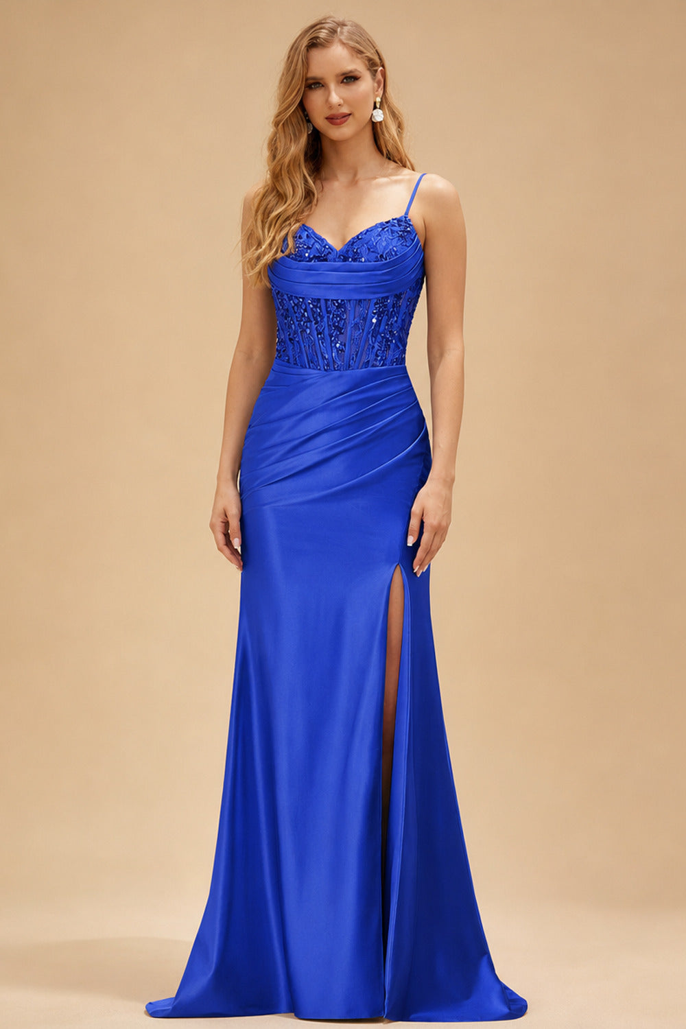 Rutipo Royal Blue Mermaid Cowl V Neck Beaded Corset Prom Dress with Spaghetti Straps Slit