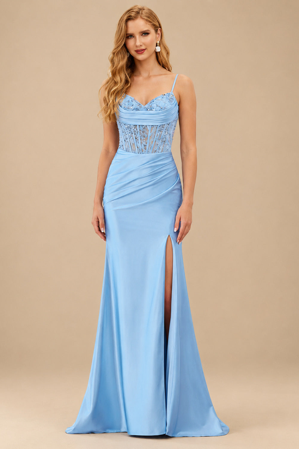 Rutipo Sky Blue Mermaid Cowl V Neck Beaded Corset Prom Dress with Spaghetti Straps Slit