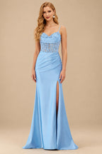 Rutipo Sky Blue Mermaid Cowl V Neck Beaded Corset Prom Dress with Spaghetti Straps Slit