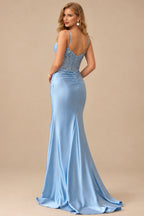 Rutipo Sky Blue Mermaid Cowl V Neck Beaded Corset Prom Dress with Spaghetti Straps Slit