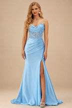 Rutipo Sky Blue Mermaid Cowl V Neck Beaded Corset Prom Dress with Spaghetti Straps Slit