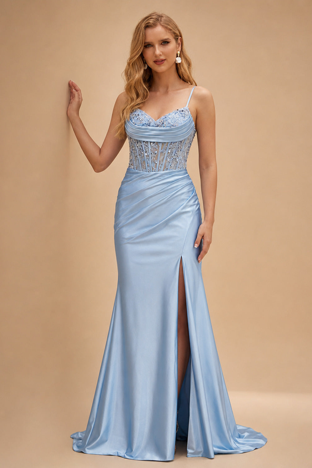 Rutipo Sky Blue Mermaid Cowl V Neck Beaded Corset Prom Dress with Spaghetti Straps Slit
