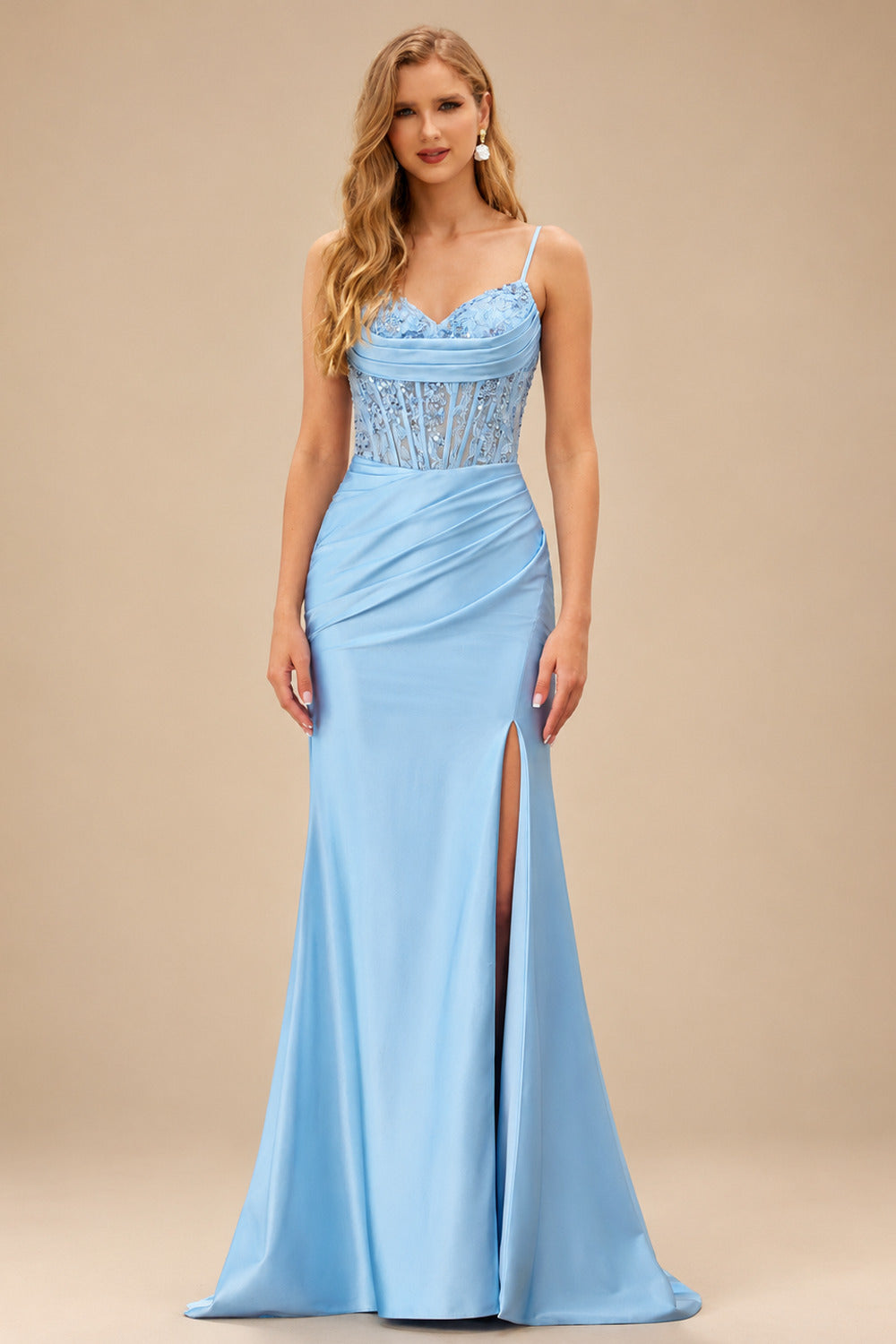 Rutipo Sky Blue Mermaid Cowl V Neck Beaded Corset Prom Dress with Spaghetti Straps Slit