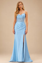 Rutipo Sky Blue Mermaid Cowl V Neck Beaded Corset Prom Dress with Spaghetti Straps Slit