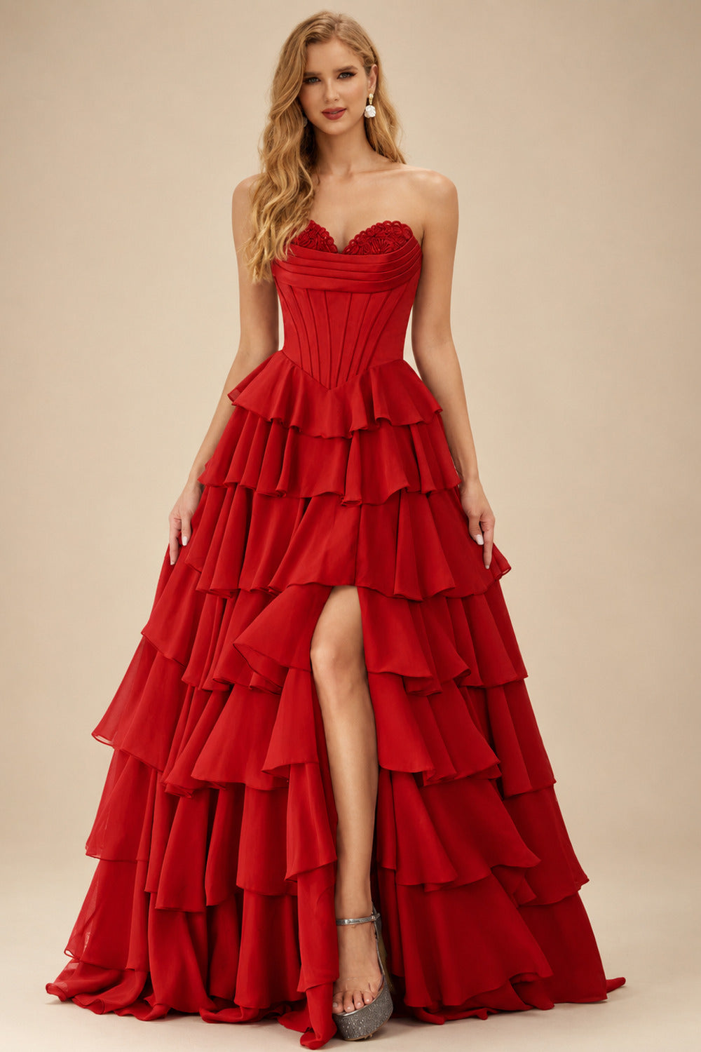 Rutipo Red A-line Strapless Cowl Neck Basque Waist Corset Ruffle Prom Dress with Slit