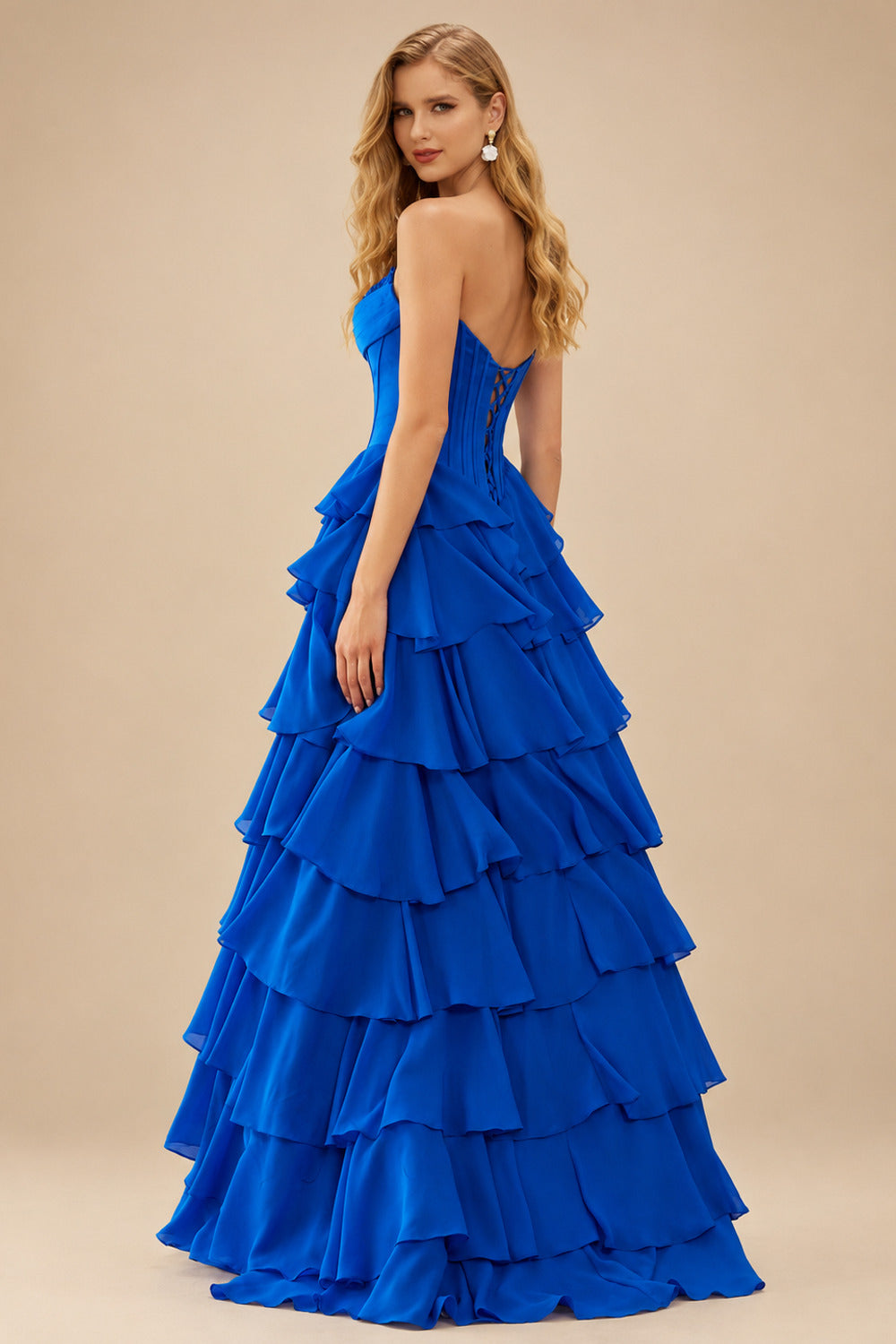 Rutipo Royal Blue A-line Strapless Cowl Neck Basque Waist Corset Ruffle Prom Dress with Slit