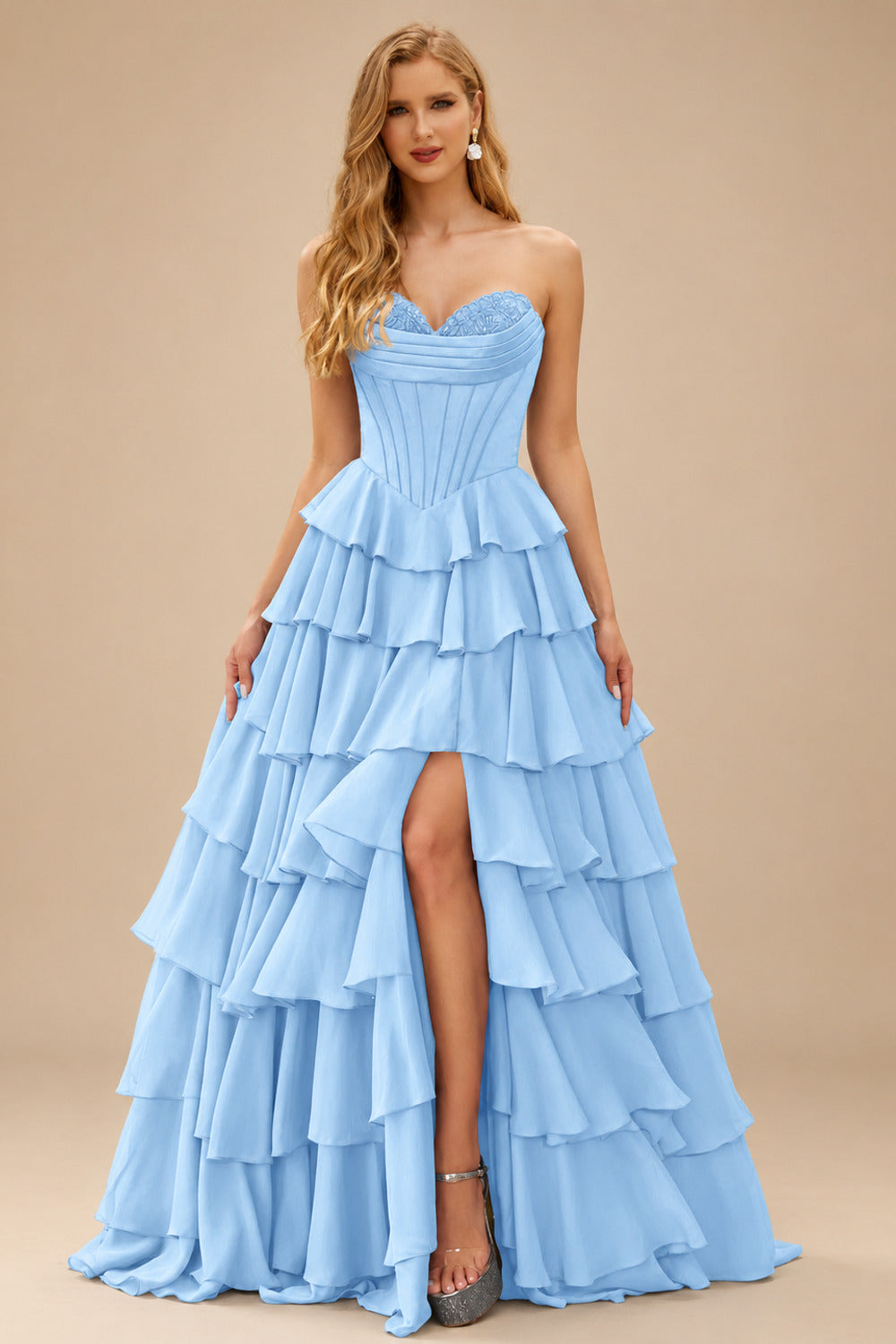 Rutipo Sky Blue A-line Strapless Cowl Neck Basque Waist Corset Ruffle Prom Dress with Slit