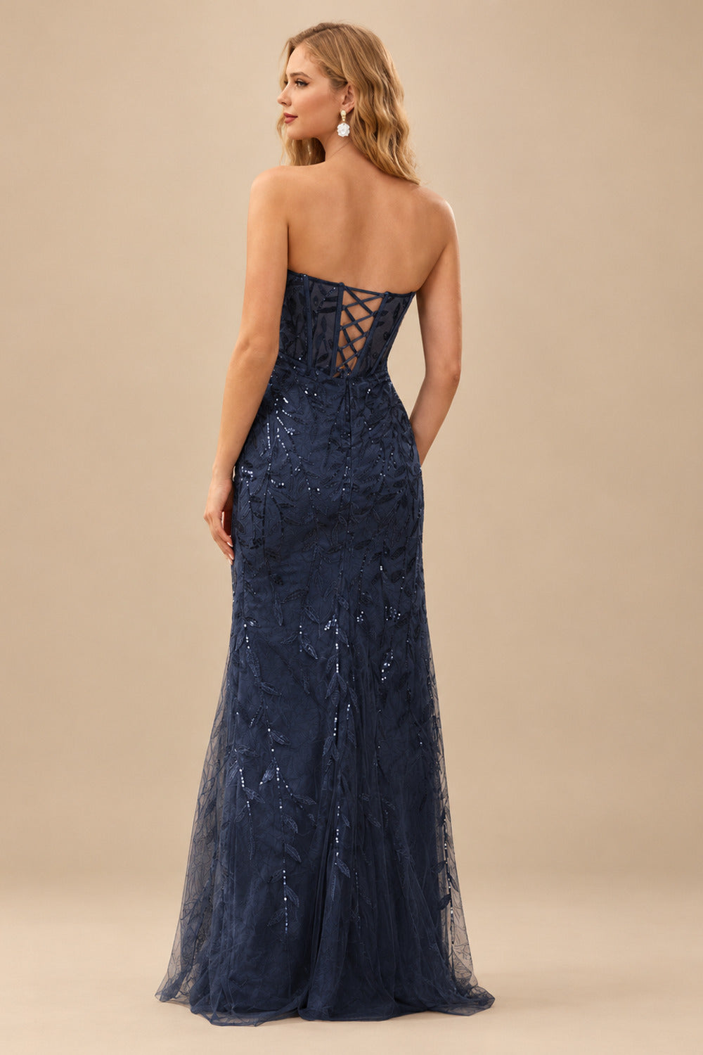 Rutipo Dark Navy Fitted Strapless Sweetheart Sheer Corset Sequins Prom Dress With Slit