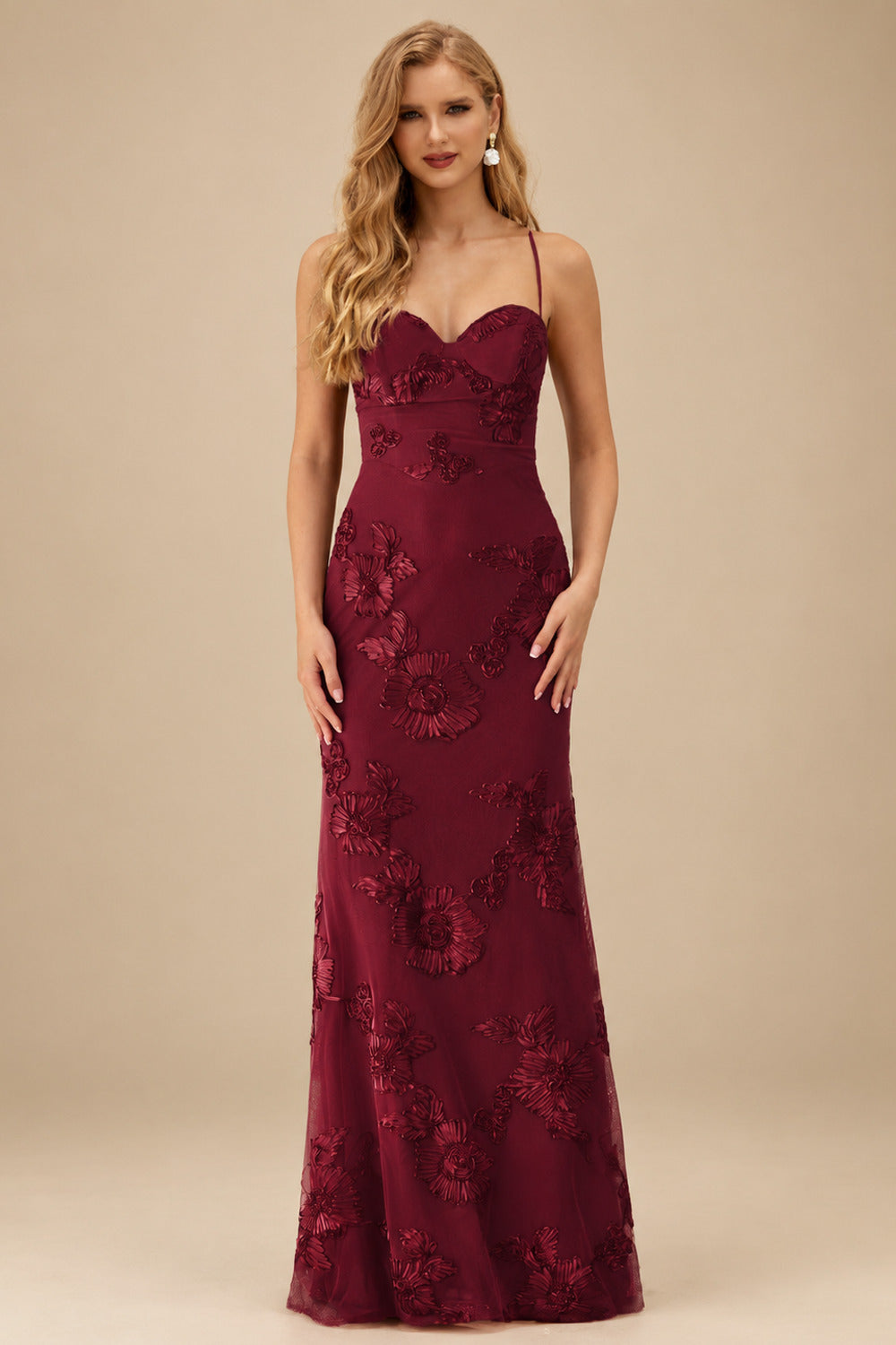 Rutipo Burgundy Fitted Floral Jacquard Spaghetti Strap Prom Gown with Open Lace-Up Back