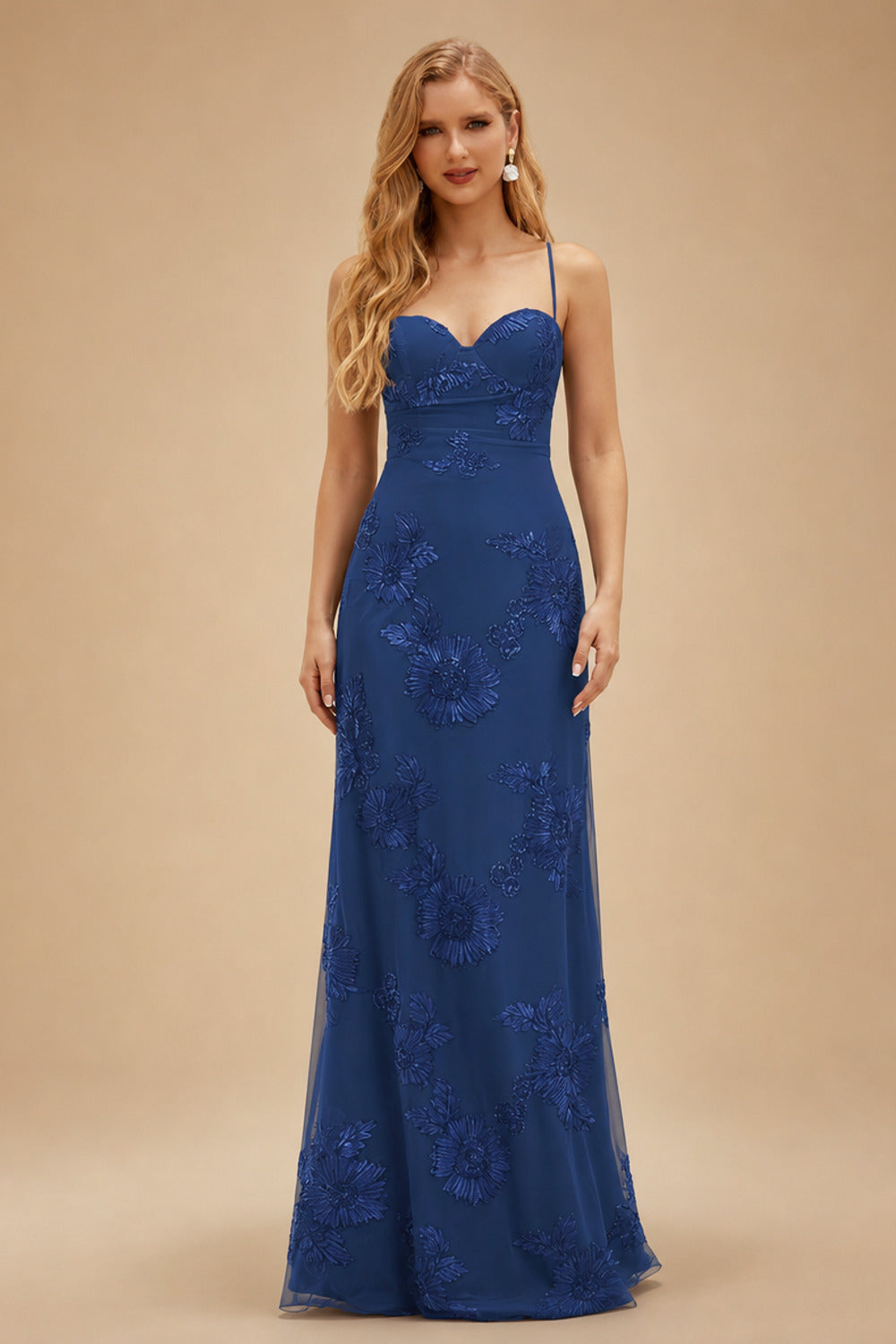 Rutipo Navy Blue Fitted Floral Jacquard Spaghetti Strap Prom Gown with Open Lace-Up Back