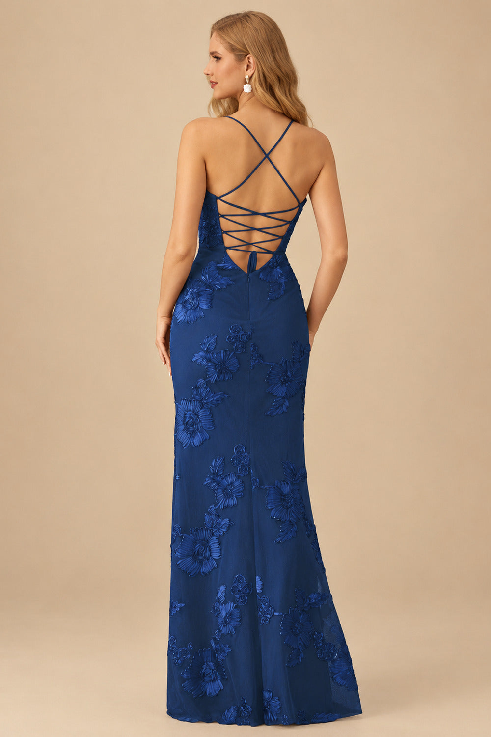 Rutipo Navy Blue Fitted Floral Jacquard Spaghetti Strap Prom Gown with Open Lace-Up Back