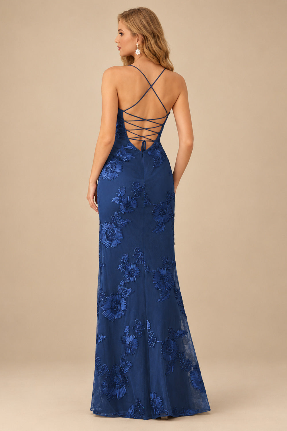 Rutipo Navy Blue Fitted Floral Jacquard Spaghetti Strap Prom Gown with Open Lace-Up Back