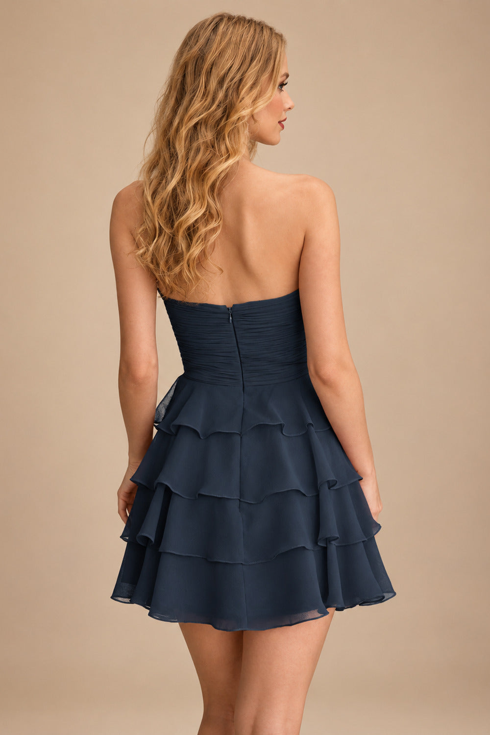 Rutipo Dark Navy A-line Ruched Strapless Tiered Ruffled Chiffon Mini Homecoming Dress with Keyhole