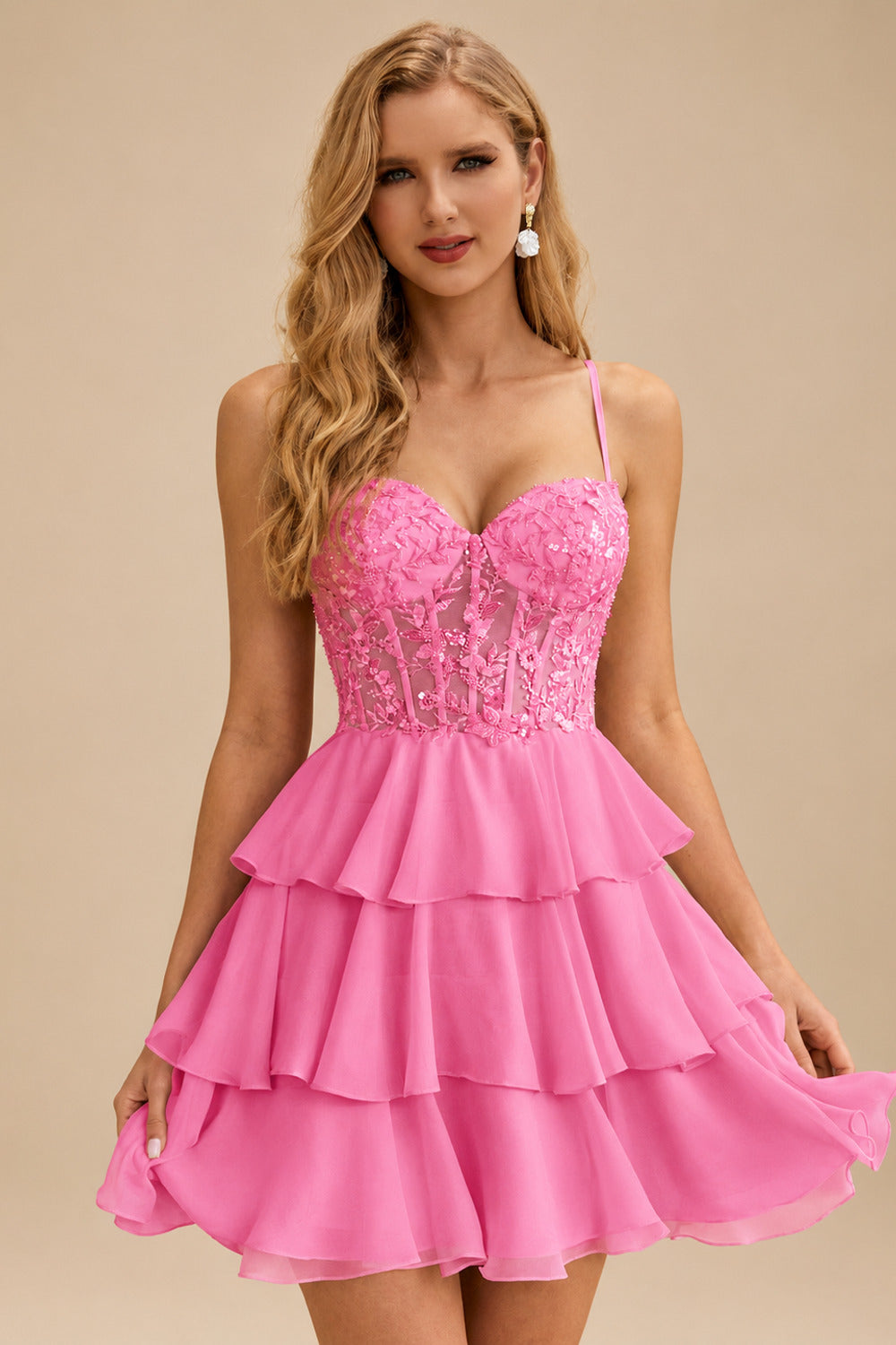Rutipo Azalea A-line Beaded Corset Layered Ruffle Chiffon Mini Homecoming Dress