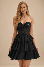 Rutipo Black A-line Beaded Corset Layered Ruffle Chiffon Mini Homecoming Dress
