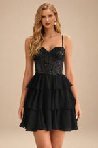 Rutipo Black A-line Beaded Corset Layered Ruffle Chiffon Mini Homecoming Dress