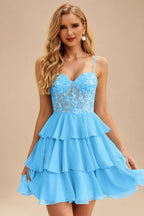 Rutipo Blue A-line Beaded Corset Layered Ruffle Chiffon Mini Homecoming Dress