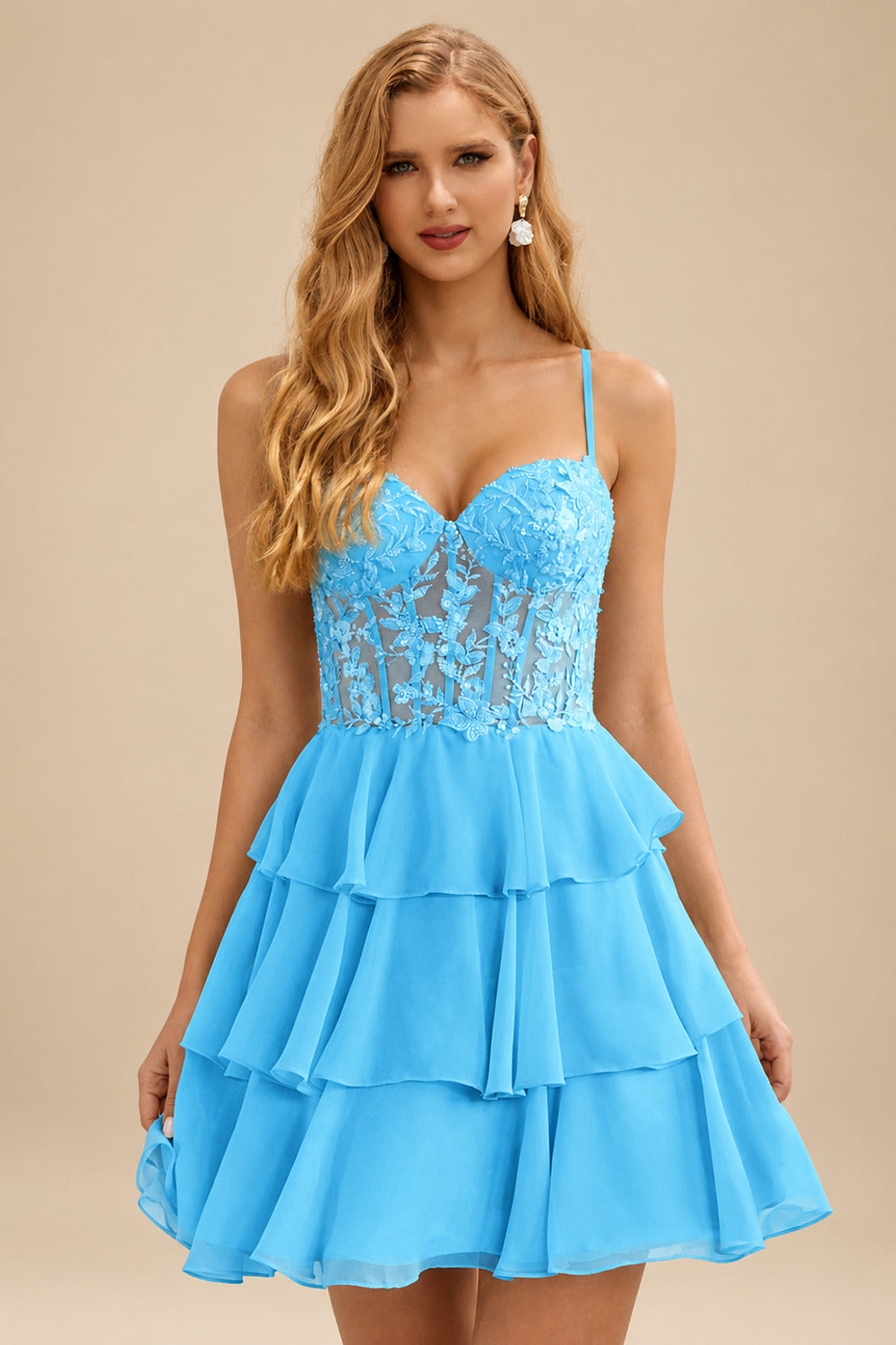 Rutipo Blue A-line Beaded Corset Layered Ruffle Chiffon Mini Homecoming Dress