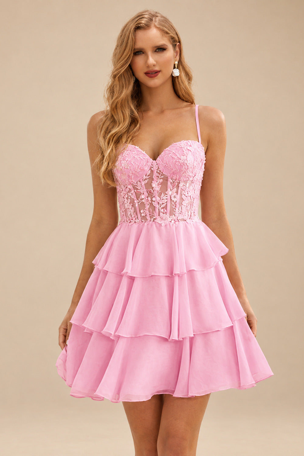 Rutipo Candy Pink A-line Beaded Corset Layered Ruffle Chiffon Mini Homecoming Dress