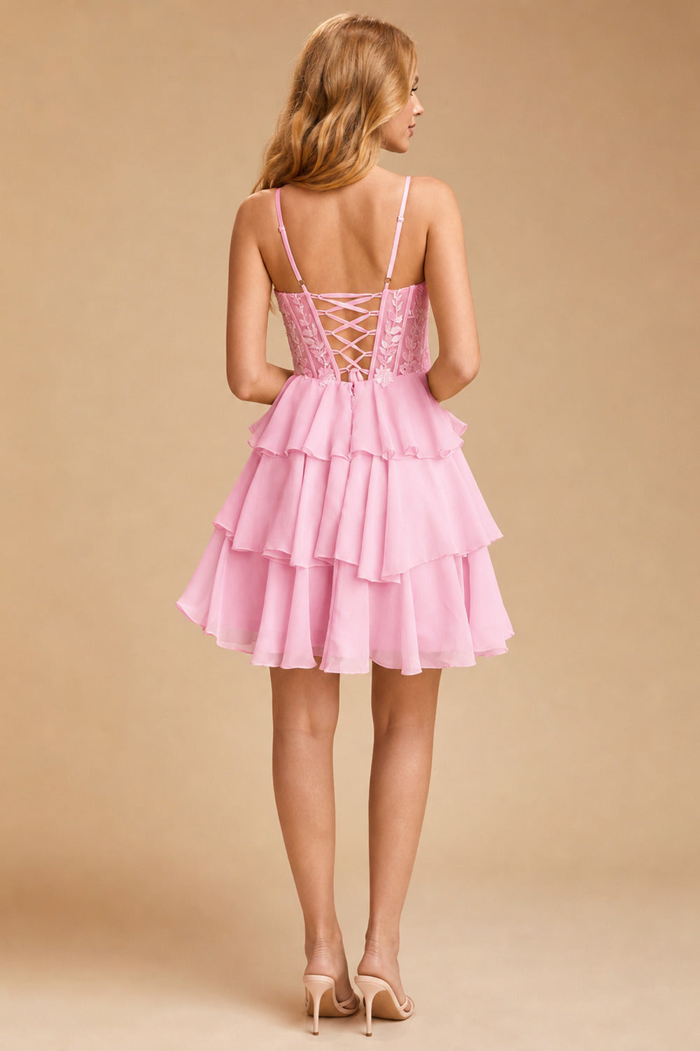 Rutipo Candy Pink A-line Beaded Corset Layered Ruffle Chiffon Mini Homecoming Dress