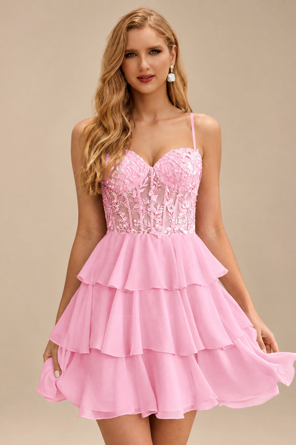 Rutipo Candy Pink A-line Beaded Corset Layered Ruffle Chiffon Mini Homecoming Dress