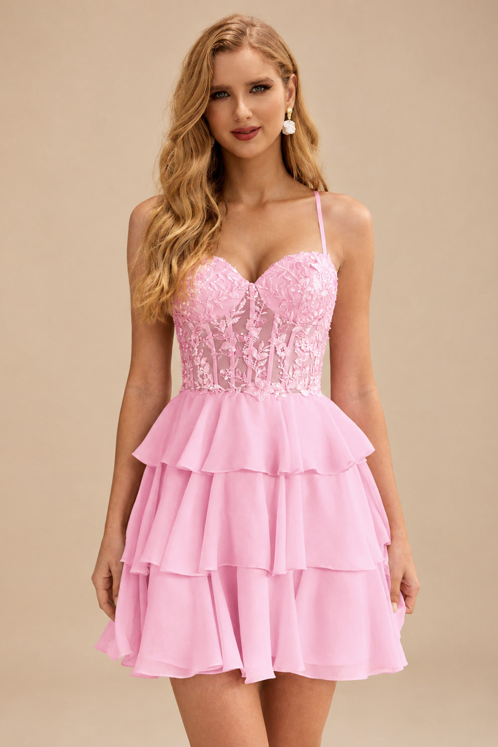 Rutipo Candy Pink A-line Beaded Corset Layered Ruffle Chiffon Mini Homecoming Dress