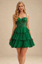 Rutipo Emerald A-line Beaded Corset Layered Ruffle Chiffon Mini Homecoming Dress