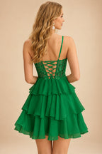 Rutipo Emerald A-line Beaded Corset Layered Ruffle Chiffon Mini Homecoming Dress