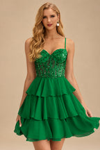 Rutipo Emerald A-line Beaded Corset Layered Ruffle Chiffon Mini Homecoming Dress