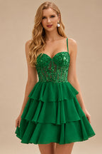 Rutipo Emerald A-line Beaded Corset Layered Ruffle Chiffon Mini Homecoming Dress
