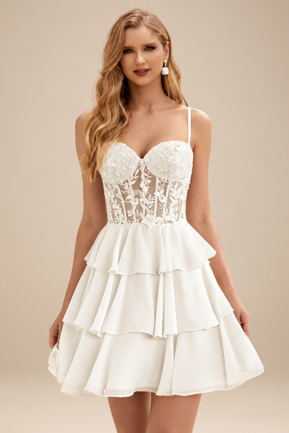 Rutipo Ivory A-line Beaded Corset Layered Ruffle Chiffon Mini Homecoming Dress