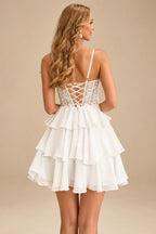 Rutipo Ivory A-line Beaded Corset Layered Ruffle Chiffon Mini Homecoming Dress