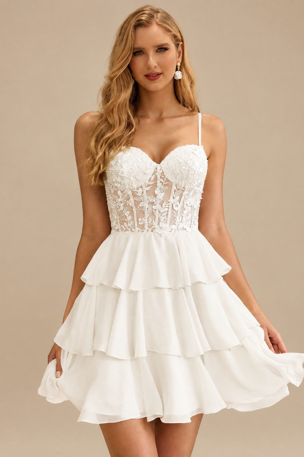 Rutipo Ivory A-line Beaded Corset Layered Ruffle Chiffon Mini Homecoming Dress