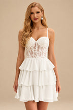 Rutipo Ivory A-line Beaded Corset Layered Ruffle Chiffon Mini Homecoming Dress
