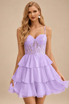 Rutipo Lilac A-line Beaded Corset Layered Ruffle Chiffon Mini Homecoming Dress