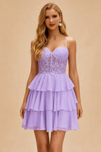 Rutipo Lilac A-line Beaded Corset Layered Ruffle Chiffon Mini Homecoming Dress