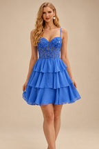 Rutipo Ocean Blue A-line Beaded Corset Layered Ruffle Chiffon Mini Homecoming Dress
