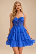 Rutipo Ocean Blue A-line Beaded Corset Layered Ruffle Chiffon Mini Homecoming Dress