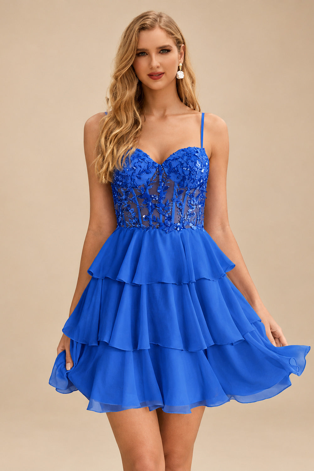 Rutipo Ocean Blue A-line Beaded Corset Layered Ruffle Chiffon Mini Homecoming Dress