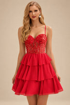 Rutipo Red A-line Beaded Corset Layered Ruffle Chiffon Mini Homecoming Dress